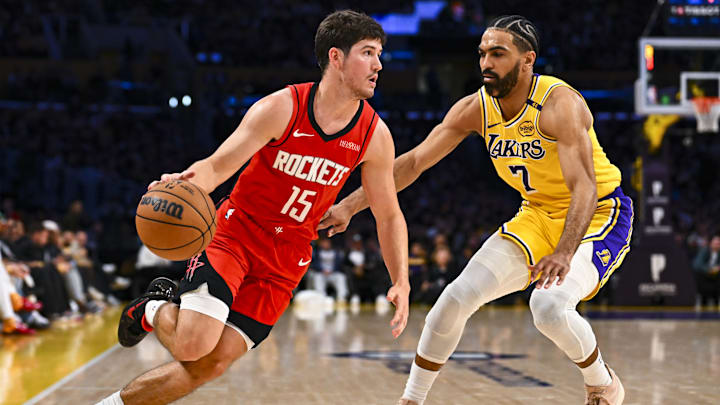 Apr 11, 2025; Los Angeles, California, USA; Houston Rockets guard Reed Sheppard (15) drives the ball against Los Angeles Lakers guard Gabe Vincent (7) during the second half at Crypto.com Arena. Mandatory Credit: Jonathan Hui-Imagn Images Apr 11, 2025; Los Angeles, California, USA; Houston Rockets guard Reed Sheppard (15) drives the ball against Los Angeles Lakers guard Gabe Vincent (7) during the second half at Crypto.com Arena. Mandatory Credit: Jonathan Hui-Imagn Images
