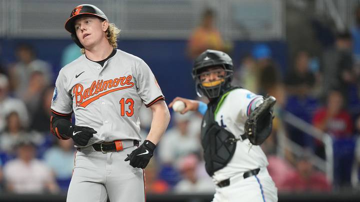 Jul 24, 2024; Miami, Florida, USA;  Baltimore Orioles right fielder Heston Kjerstad (13) strikes out in the second inning against the Miami Marlins at loanDepot Park. Mandatory Credit: Jim Rassol-USA TODAY Sports