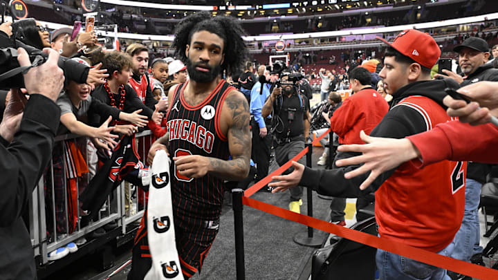 Jan 20, 2026; Chicago, Illinois, USA; Chicago Bulls guard Coby White (0) leaves the court after the game against the LA Clippers  at United Center. Mandatory Credit: Matt Marton-Imagn Images