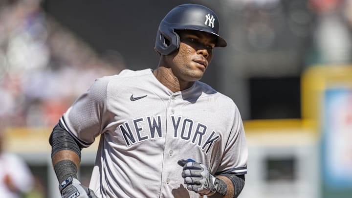 Apr 12, 2023; Cleveland, Ohio, USA; New York Yankees left fielder Franchy Cordero (33) rounds the bases after hitting a home run during the seventh inning against the Cleveland Guardians at Progressive Field Apr 12, 2023; Cleveland, Ohio, USA; New York Yankees left fielder Franchy Cordero (33) rounds the bases after hitting a home run during the seventh inning against the Cleveland Guardians at Progressive Field