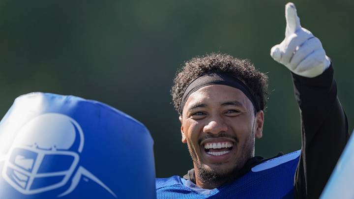 Indianapolis Colts safety Cam Bynum (0) points to a fan in the stands on Tuesday, Aug. 4, 2026, during practice at Colts Camp at Grand Park in Westfield. Indianapolis Colts safety Cam Bynum (0) points to a fan in the stands on Tuesday, Aug. 4, 2026, during practice at Colts Camp at Grand Park in Westfield.