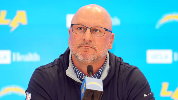 Jan 15, 2026; El Segundo, CA, USA; Los Angeles Chargers general manager Joe Hortiz at press conference at The Bolt. Mandatory Credit: Kirby Lee-Imagn Images