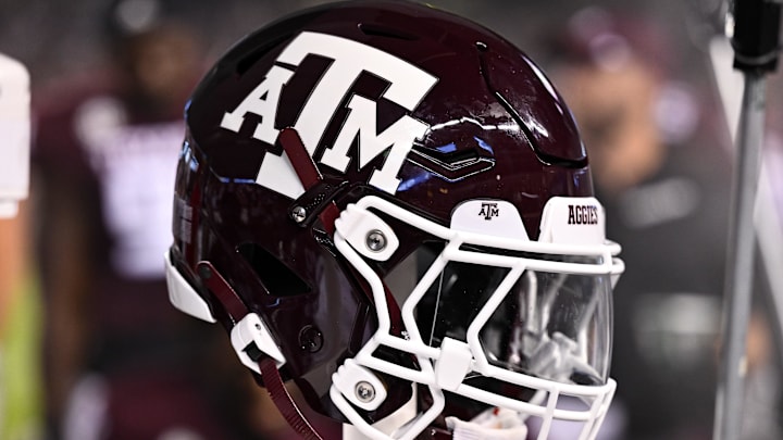 A detailed view of a Texas A&M Aggies helmet on the sideline during the game against the New Mexico Lobos at Kyle Field