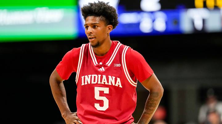 Indiana Hoosiers forward Markus Burton (5) walks up the court Sunday, Oct. 11, 2026, during a preseason game at Hinkle Fieldhouse in Indianapolis. The Indiana Hoosiers defeated the Butler Bulldogs, 96-68.