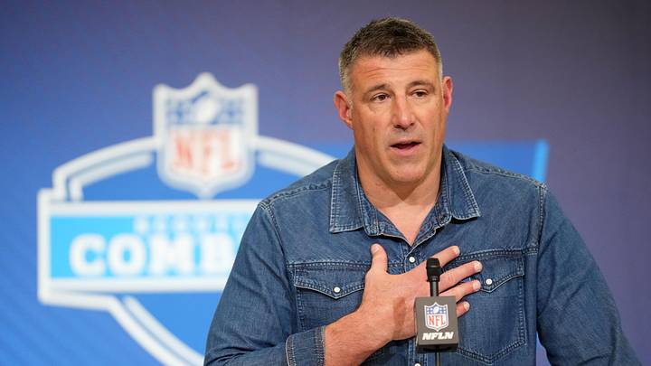 Feb 25, 2026; Indianapolis, IN, USA; New England Patriots coach Mike Vrabel speaks during the NFL Scouting Combine at the Indiana Convention Center. Mandatory Credit: Kirby Lee-Imagn Images
