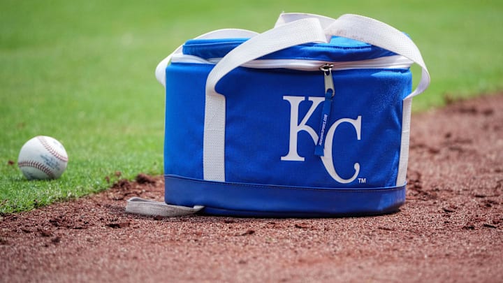 Jun 15, 2025; Kansas City, Missouri, USA; A general view of a Kansas City Royals ball bag prior to a game against the Athletics at Kauffman Stadium. Mandatory Credit: Denny Medley-Imagn Images