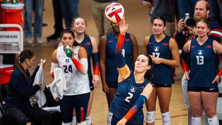 Oct 25, 2024; Lincoln, NE, USA; Illinois Fighting Illini setter Raegen Reilly (2) serves against the Nebraska Cornhuskers during the first set at Bob Devaney Sports Center. Mandatory Credit: Dylan Widger-Imagn Images