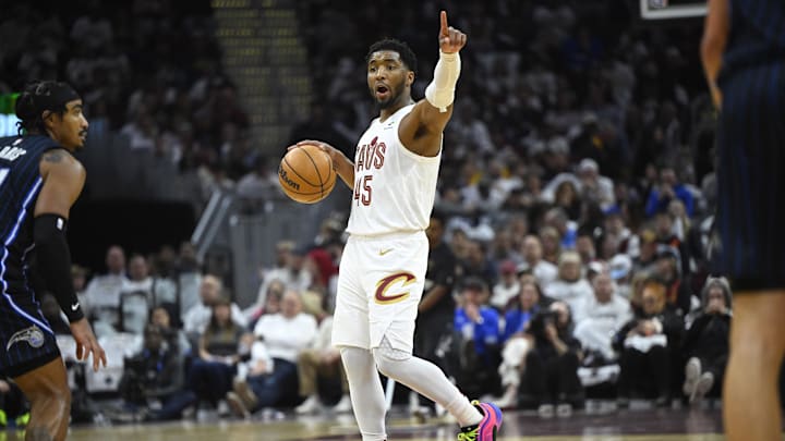 Apr 22, 2024; Cleveland, Ohio, USA; Cleveland Cavaliers guard Donovan Mitchell (45) reacts in the second quarter against the Orlando Magic during game two of the first round of the 2024 NBA playoffs at Rocket Mortgage FieldHouse. Mandatory Credit: David Richard-Imagn Images
