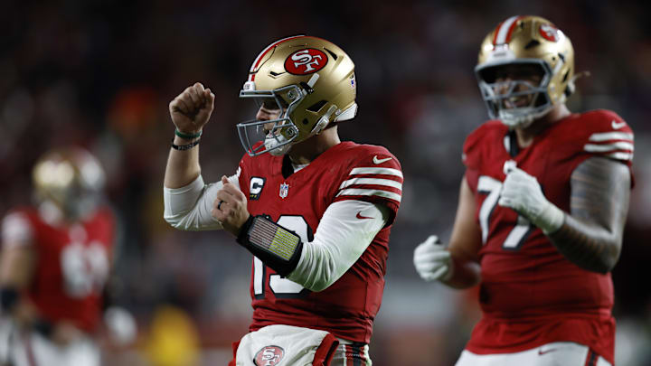 Dec 28, 2025; Santa Clara, California, USA; San Francisco 49ers quarterback Brock Purdy (13) celebrates in the second half against the Chicago Bears at Levi's Stadium. Mandatory Credit: Sergio Estrada-Imagn Images
