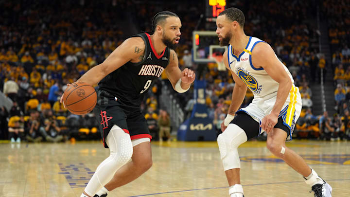 Apr 26, 2025; San Francisco, California, USA; Houston Rockets forward Dillon Brooks (9) dribbles against Golden State Warriors guard Stephen Curry (30) during the third quarter during game three of first round for the 2024 NBA Playoffs at Chase Center. Mandatory Credit: Darren Yamashita-Imagn Images