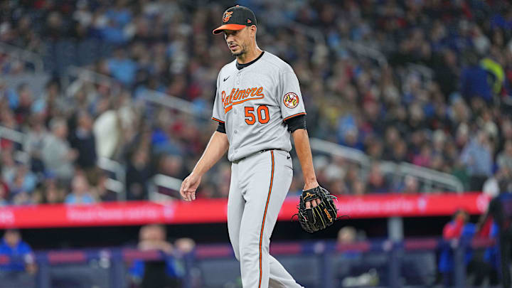 Mar 28, 2025; Toronto, Ontario, CAN; Baltimore Orioles starting pitcher Charlie Morton (50) walks towards the dugout after being relieved during the fourth inning against the Toronto Blue Jays at Rogers Centre.