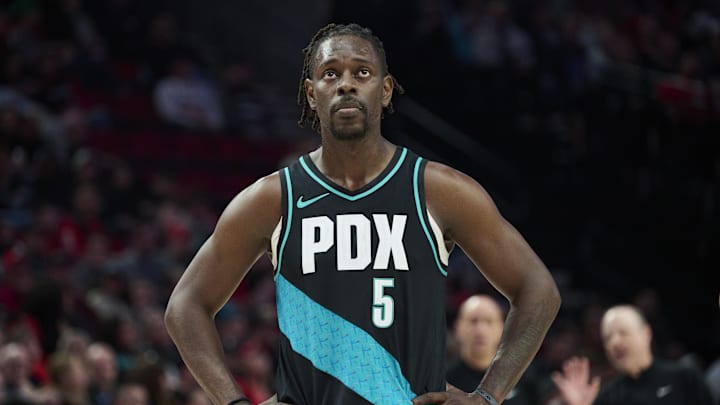 Apr 12, 2026; Portland, Oregon, USA; Portland Trail Blazers guard Jrue Holiday (5) waits during a break in the game during the second half against the Sacramento Kings at Moda Center. Mandatory Credit: Troy Wayrynen-Imagn Images