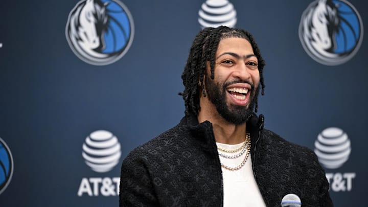 Feb 7, 2025; Dallas, TX, USA; Dallas Mavericks forward Anthony Davis speaks to the media during a press conference at the Dallas Mavericks practice facility. Mandatory Credit: Jerome Miron-Imagn Images