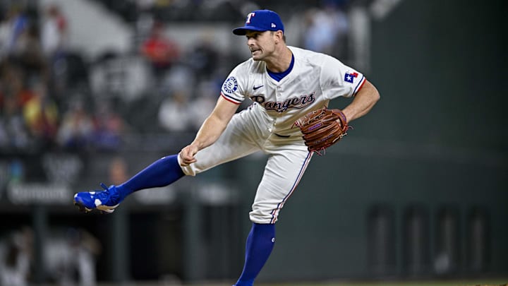Sep 5, 2024; Arlington, Texas, USA; Texas Rangers relief pitcher David Robertson (37) pitches against the Los Angeles Angels during the game at Globe Life Field. Mandatory Credit: Jerome Miron-Imagn Images