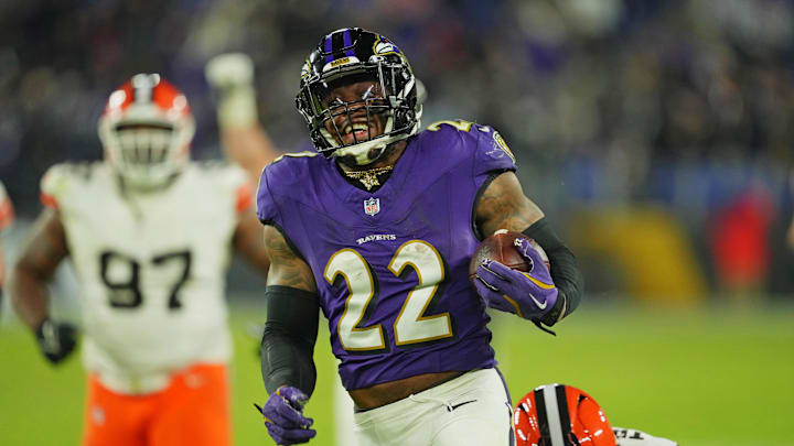 Jan 4, 2025; Baltimore, Maryland, USA; Baltimore Ravens running back Derrick Henry (22) runs for a touchdown during the fourth quarter against the Cleveland Browns at M&T Bank Stadium. Mandatory Credit: Mitch Stringer-Imagn Images