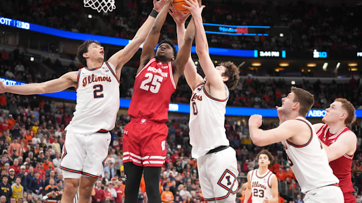 Mar 13, 2026; Chicago, IL, USA; Illinois Fighting Illini guard Andrej Stojakovic (2) forward David Mirkovic (0) defend Wisconsin Badgers guard John Blackwell (25) during the second half at United Center. Mandatory Credit: David Banks-Imagn Images