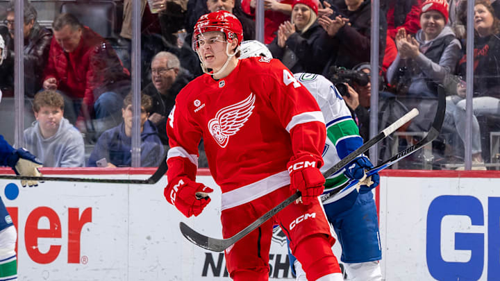 Red Wings defenseman Axel Sandin-Pellikka celebrates after scoring a goal against Vancouver.