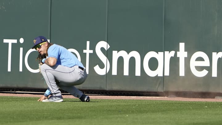 Tampa Bay Rays outfielder Niko Hulsizer (76) in deep right field in the ninth inning at CoolToday Park on March 1, 2023.