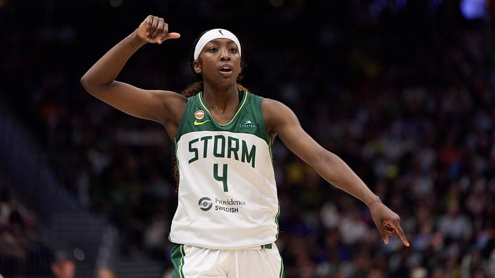 Jun 27, 2026; Seattle, Washington, USA; Seattle Storm guard Flau'jae Johnson (4) reacts in the fourth quarter at Climate Pledge Arena. Mandatory Credit: Richard Dizon-Imagn Images