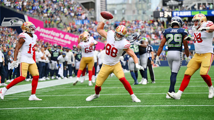 Jake Tonges scored in Week 1 against the Seahawks.
