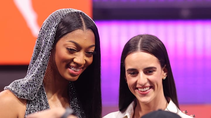 Apr 15, 2024; Brooklyn, NY, USA; Angel Reese and Caitlin Clark pose for photos before the 2024 WNBA Draft at Brooklyn Academy of Music. Mandatory Credit: Brad Penner-Imagn Images Apr 15, 2024; Brooklyn, NY, USA; Angel Reese and Caitlin Clark pose for photos before the 2024 WNBA Draft at Brooklyn Academy of Music. Mandatory Credit: Brad Penner-Imagn Images