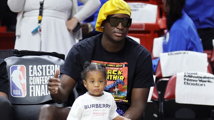May 23, 2023; Miami, Florida, USA; Miami Heat guard Victor Oladipo (4) during warm ups before game four against the Boston Celtics in the Eastern Conference Finals for the 2023 NBA playoffs at Kaseya Center. Mandatory Credit: Sam Navarro-Imagn Images