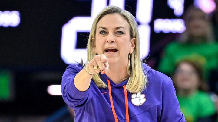 Feb 22, 2024; South Bend, Indiana, USA; Clemson Tigers head coach Amanda Butler signals to her players in the first half against the Notre Dame Fighting Irish at the Purcell Pavilion. Feb 22, 2024; South Bend, Indiana, USA; Clemson Tigers head coach Amanda Butler signals to her players in the first half against the Notre Dame Fighting Irish at the Purcell Pavilion.