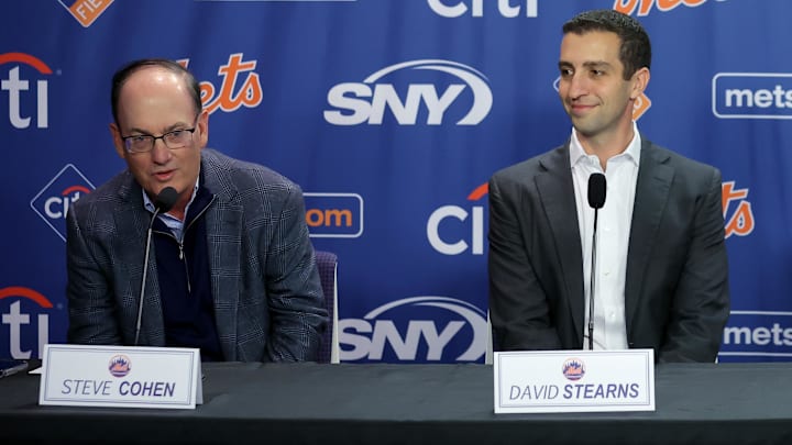 Dec 12, 2024; Flushing, NY, USA; New York Mets owner Steve Cohen speaks next to general manager David Stearns during a press conference to introduce right fielder Juan Soto at Citi Field. Mandatory Credit: Brad Penner-Imagn Images Dec 12, 2024; Flushing, NY, USA; New York Mets owner Steve Cohen speaks next to general manager David Stearns during a press conference to introduce right fielder Juan Soto at Citi Field. Mandatory Credit: Brad Penner-Imagn Images