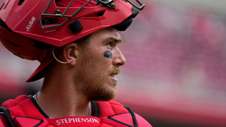 Cincinnati Reds catcher Tyler Stephenson (37) stands behind the plate in the third inning of the MLB National League Game between the Cincinnati Reds and the Pittsburgh Pirates at Great American Ball Park in downtown Cincinnati on Sunday, Sept. 22, 2024. The Pirates led 1-0 after four innings.