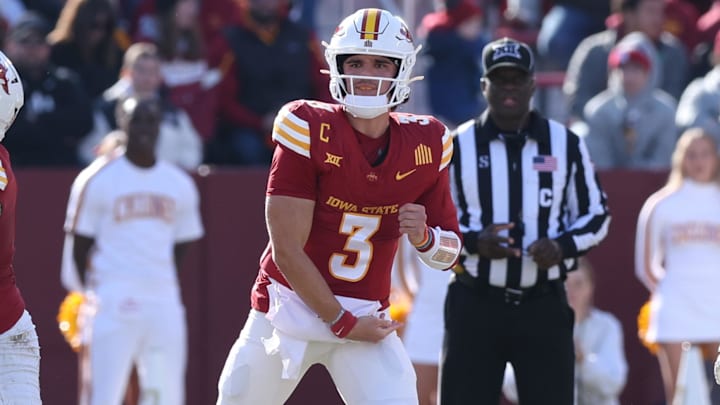 Nov 22, 2025; Ames, Iowa, USA; Iowa State Cyclones quarterback Rocco Becht (3) throws a pass in their game with the Kansas Jayhawks during the first half at Jack Trice Stadium. Mandatory Credit: Reese Strickland-Imagn Images