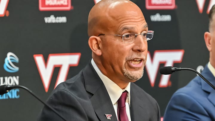 Nov 19, 2025; Blacksburg, VA, USA;  Virgnia Tech head coach James Franklin answers a question during the press conference at Cassell Coliseum. Mandatory Credit: Brian Bishop-Imagn Images