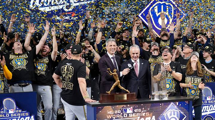 Milwaukee Brewers celebrate with the Commissioner's Trophy during the Awards Ceremony after defeating the Tampa Bay Rays to win the 2026 World Series at Tropicana Field in St. Petersburg, Fla. on Oct 28, 2026.