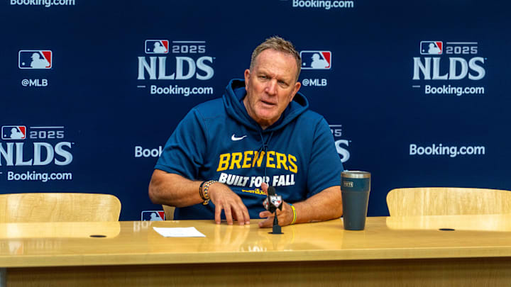 Milwaukee Brewers manager Pat Murphy answers questions from the press before the start of an open workout ahead of the National League Division Series on Tuesday September 30, 2025 at American Family Field in Milwaukee, Wisconsin.