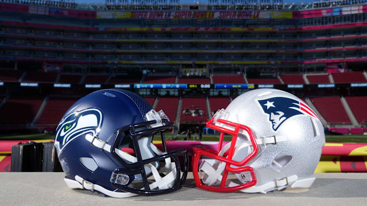 Feb 4, 2026; Santa Clara, CA, USA; Seattle Seahawks and New England Patriots helmets at Levi's Stadium. Mandatory Credit: Kirby Lee-Imagn Images