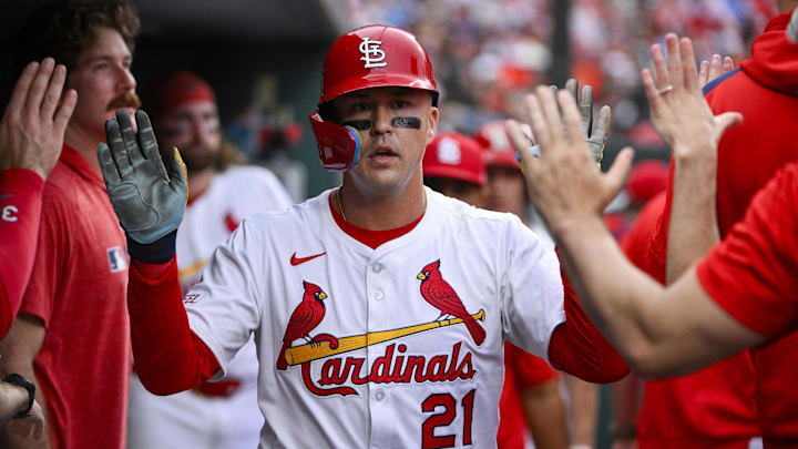 Jun 5, 2025; St. Louis, Missouri, USA; St. Louis Cardinals left fielder Lars Nootbaar (21) is congratulated by teammates after scoring against the Kansas City Royals during the first inning at Busch Stadium. Mandatory Credit: Jeff Curry-Imagn Images Jun 5, 2025; St. Louis, Missouri, USA; St. Louis Cardinals left fielder Lars Nootbaar (21) is congratulated by teammates after scoring against the Kansas City Royals during the first inning at Busch Stadium. Mandatory Credit: Jeff Curry-Imagn Images