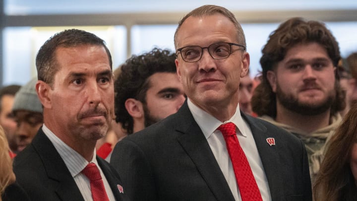 Wisconsin's new head football coach Luke Fickell, left is shown with athletic director Chris McIntosh at a welcome event November 28, 2022 at Camp Randall Stadium in Madison. He was previously head coach for six seasons at Cincinnati. Wisconsin's new head football coach Luke Fickell, left is shown with athletic director Chris McIntosh at a welcome event November 28, 2022 at Camp Randall Stadium in Madison. He was previously head coach for six seasons at Cincinnati.