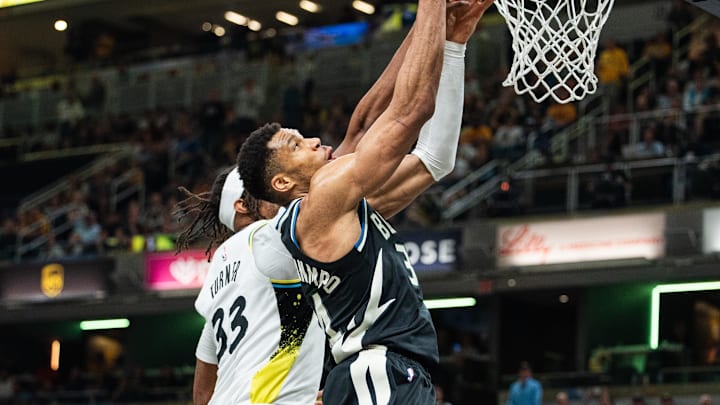 Apr 22, 2025; Indianapolis, Indiana, USA: Milwaukee Bucks forward Giannis Antetokounmpo (34) shoots the ball while defends during game two of first round for the 2024 NBA Playoffs at Gainbridge Fieldhouse. Mandatory Credit: Trevor Ruszkowski-Imagn Images Apr 22, 2025; Indianapolis, Indiana, USA: Milwaukee Bucks forward Giannis Antetokounmpo (34) shoots the ball while defends during game two of first round for the 2024 NBA Playoffs at Gainbridge Fieldhouse. Mandatory Credit: Trevor Ruszkowski-Imagn Images
