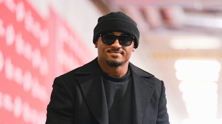 Dec 14, 2025; Kansas City, Missouri, USA; Kansas City Chiefs cornerback Trent McDuffie (22) arrives at GEHA Field at Arrowhead Stadium before a game against the Los Angeles Chargers. Mandatory Credit: Jay Biggerstaff-Imagn Images
