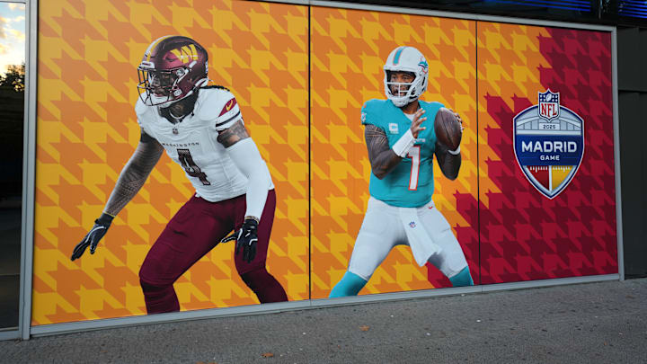 A graphic with images of Washington Commanders linebacker Frankie Luvu (4) and Miami Dolphins quarterback Tua Tagovailoa (1) at Santiago Bernabeu Stadium, the site of the 2025 NFL Madrid Game.