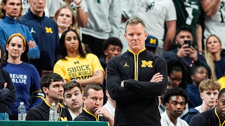 Michigan head coach Dusty May watches a play against Michigan State during the second half at Breslin Center in East Lansing on Sunday, March 9, 2025.
