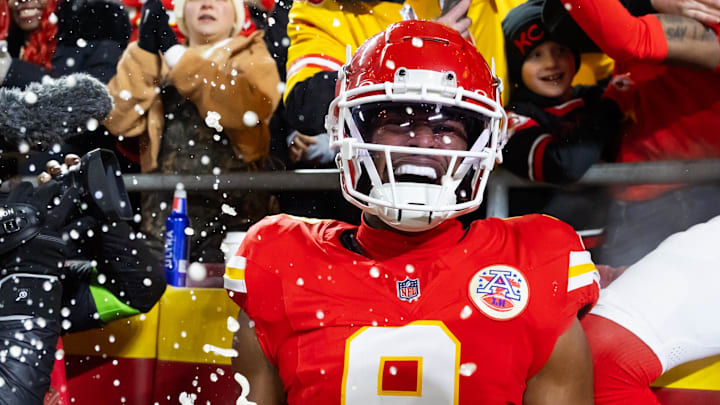 Jan 26, 2025; Kansas City, MO, USA; Kansas City Chiefs wide receiver JuJu Smith-Schuster (9) celebrates with fans after a touchdown against the Buffalo Bills during the first half in the AFC Championship game at GEHA Field at Arrowhead Stadium. Mandatory Credit: Mark J. Rebilas-Imagn Images