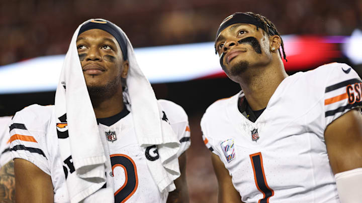 October 5, 2023; Landover, Maryland; D.J. Moore and Justin Fields during the Bears' Week 5 win over the Commanders