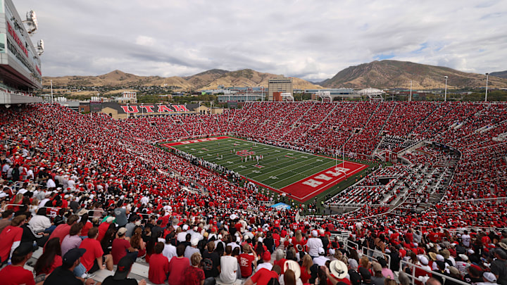 Sep 20, 2025; Salt Lake City, Utah, USA; A general view of Rice-Eccles Stadium between the third and fourth quarter of the game between the Utah Utes and the Texas Tech Red Raiders. Sep 20, 2025; Salt Lake City, Utah, USA; A general view of Rice-Eccles Stadium between the third and fourth quarter of the game between the Utah Utes and the Texas Tech Red Raiders.