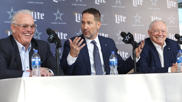 Dallas Cowboys CEO Stephen Jones, head coach Brian Schottenheimer, and owner Jerry Jones speak to the media at a press conference at the Star.