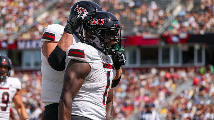 Sep 2, 2023; Chestnut Hill, Massachusetts, USA; Northern Illinois Huskies running back Antario Brown (1) reacts after scoring a touchdown during the first half against the Boston College Eagles at Alumni Stadium. Sep 2, 2023; Chestnut Hill, Massachusetts, USA; Northern Illinois Huskies running back Antario Brown (1) reacts after scoring a touchdown during the first half against the Boston College Eagles at Alumni Stadium.