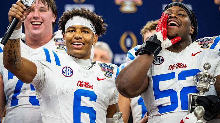 Ole Miss quarterback Trinidad Chambliss (6) and defensive lineman Will Echoles (52) interact with the fans after the Sugar Bowl and College Football Playoff quarterfinals at Caesars Superdome in New Orleans, La., on Thursday, Jan. 1, 2026. Ole Miss defeated Georgia 39-34. Chambliss and Echoles won most outstanding player for offense and defense respectively. Ole Miss quarterback Trinidad Chambliss (6) and defensive lineman Will Echoles (52) interact with the fans after the Sugar Bowl and College Football Playoff quarterfinals at Caesars Superdome in New Orleans, La., on Thursday, Jan. 1, 2026. Ole Miss defeated Georgia 39-34. Chambliss and Echoles won most outstanding player for offense and defense respectively.