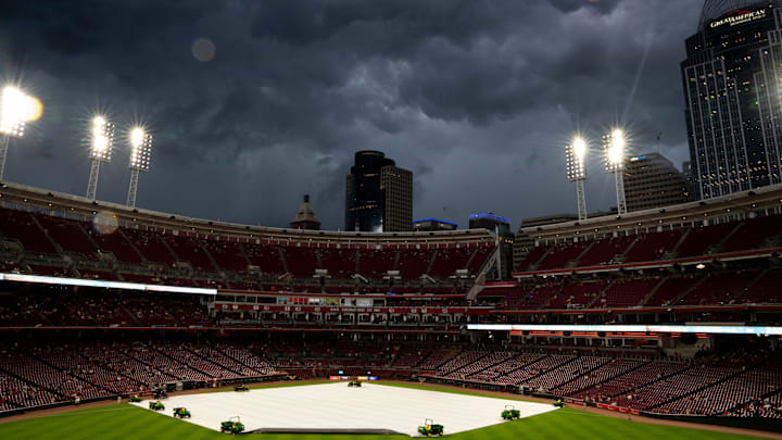 A storm delays the MLB game between Cincinnati Reds and Minnesota Twins at Great American Ball Park in Cincinnati on Wednesday, June 18, 2025.