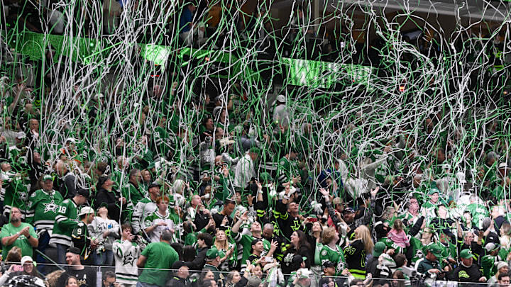 May 11, 2025; Dallas, Texas, USA; during the third period in game three of the second round of the 2025 Stanley Cup Playoffs at American Airlines Center. Mandatory Credit: Jerome Miron-Imagn Images