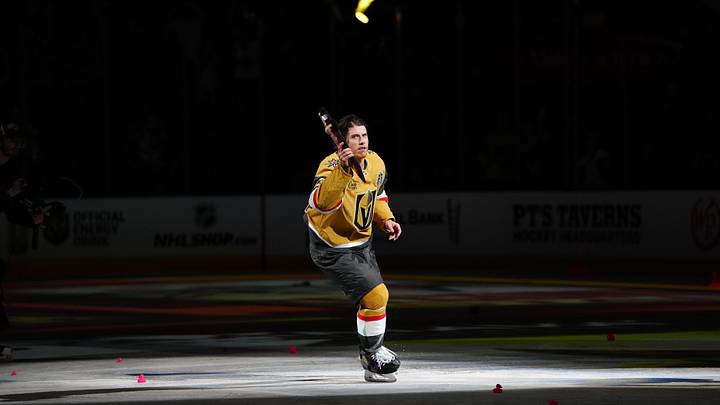 Jun 6, 2026; Las Vegas, Nevada, USA; Vegas Golden Knights right wing Mitch Marner (93) celebrates after a double overtime win against the Carolina Hurricanes in game three of the 2026 Stanley Cup Final at T-Mobile Arena. Mandatory Credit: Stephen R. Sylvanie-Imagn Images