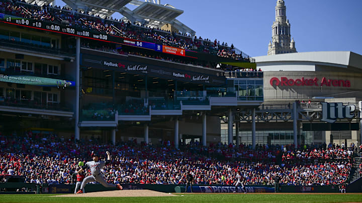 Sep 30, 2025; Cleveland, Ohio, USA; Detroit Tigers pitcher Tarik Skubal (29) delivers against the Cleveland Guardians in the second inning during game one of the Wildcard round for the 2025 MLB playoffs at Progressive Field. Mandatory Credit: David Dermer-Imagn Images